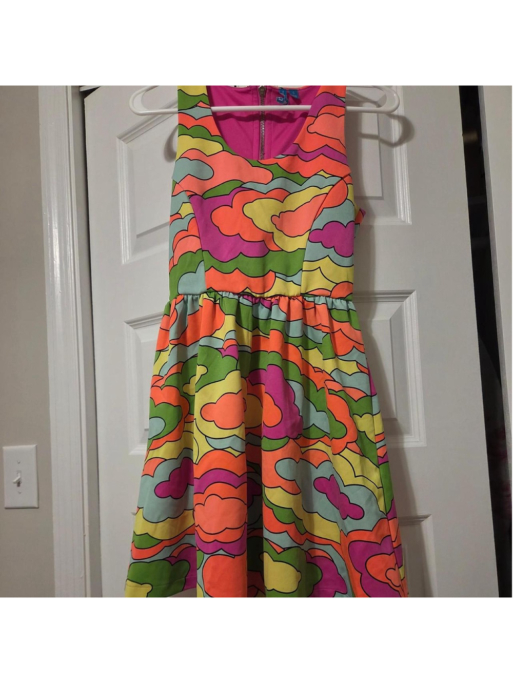 L'Amour multicolored neon cloud print dress with zipper back size small #clouds